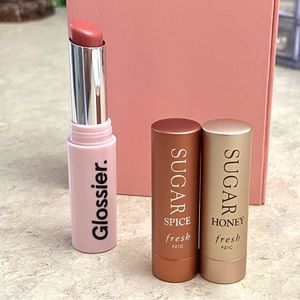 Lip Set: Glossier Ultralip (shade: villa) and 2 Fresh Sugar Lip Balm Treatments
